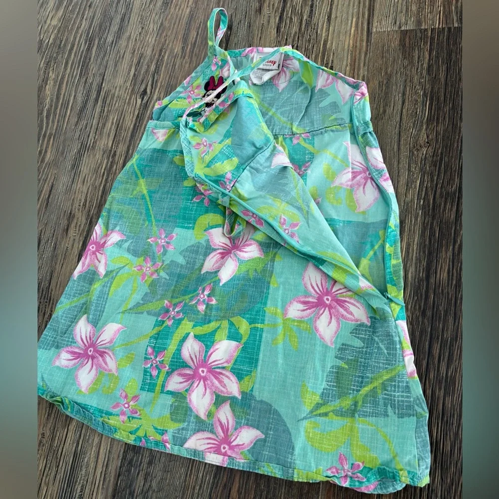 Vtg Disney Store Minnie Mouse Tropical Hawaiian Cotton Dress 4T Green Pink Y2K - Picture 6 of 11